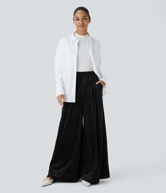 Ribbed Velvet High Wasted Pockets Wide Leg Palazzo Casual Pants