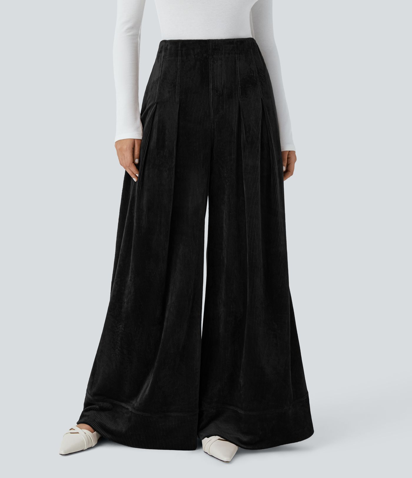 Ribbed Velvet High Wasted Pockets Wide Leg Palazzo Casual Pants