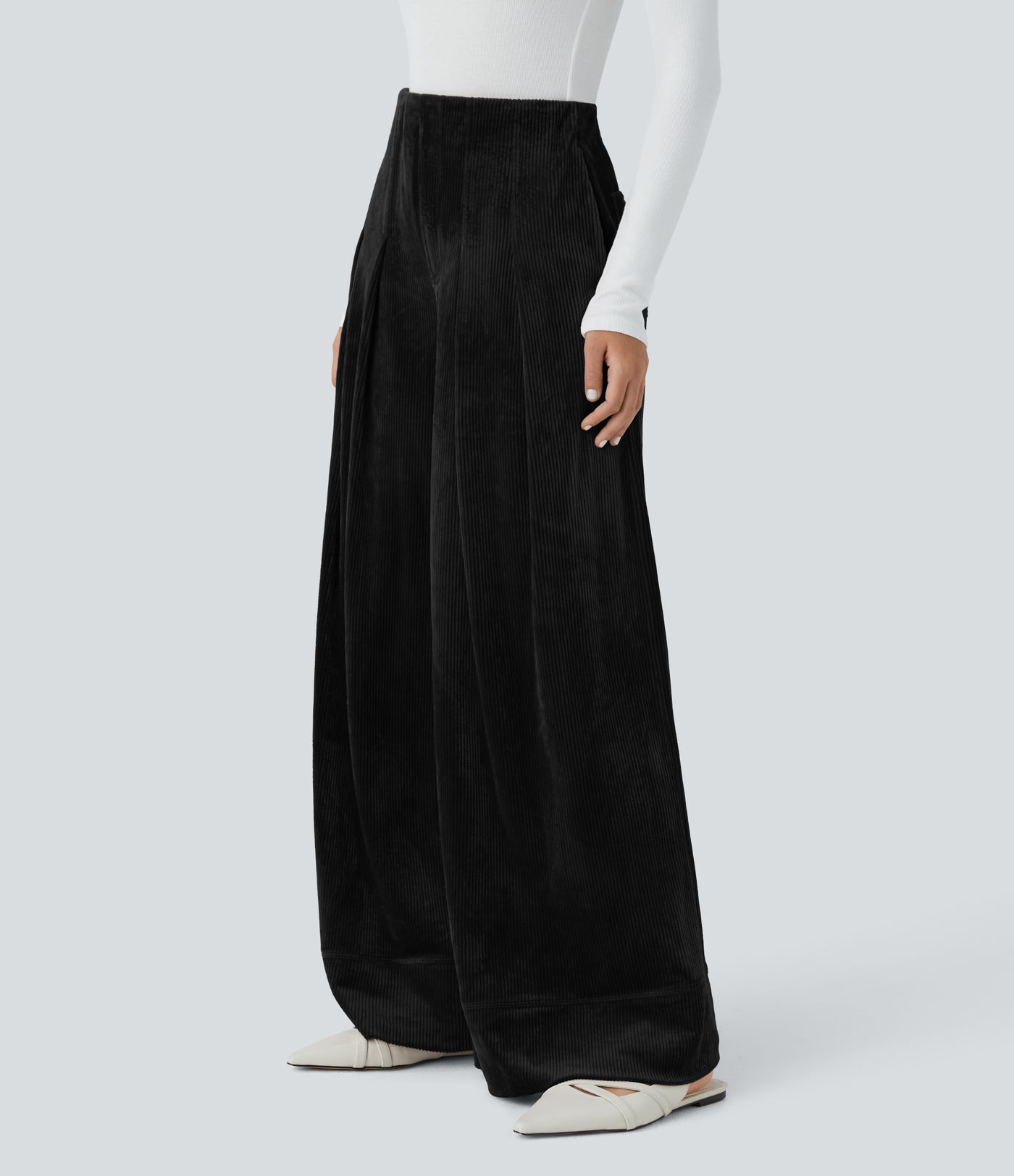 Ribbed Velvet High Wasted Pockets Wide Leg Palazzo Casual Pants