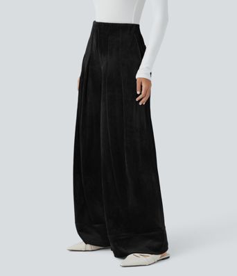 Ribbed Velvet High Wasted Pockets Wide Leg Palazzo Casual Pants