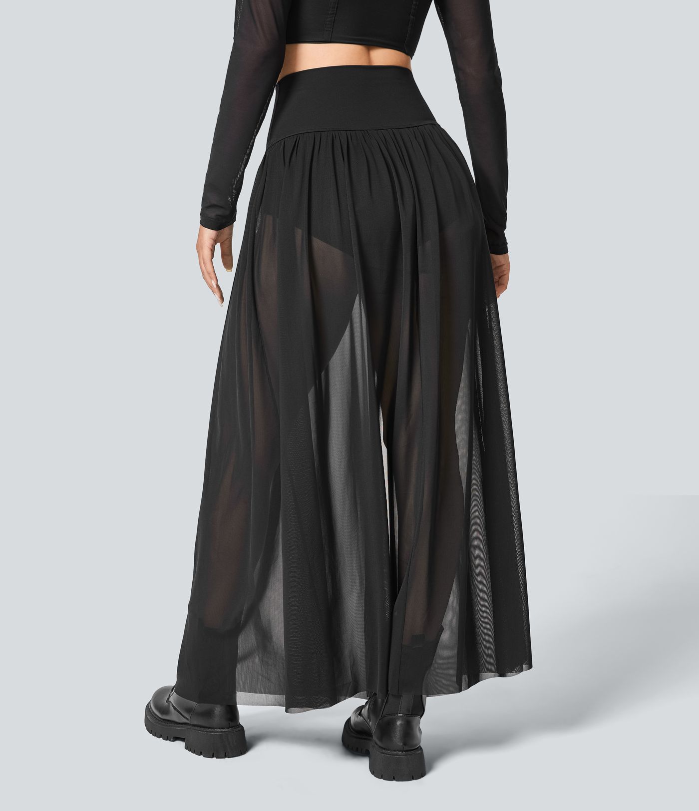 Aukšto juosmens 2-in-1 tinklelio plaukiantis maksi laisvalaikio sijonas