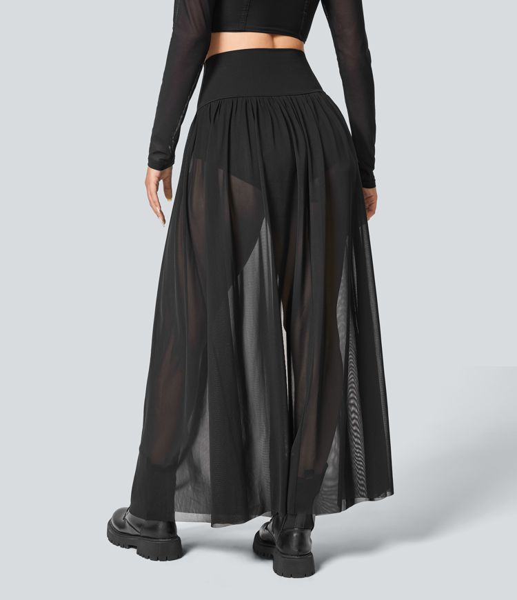 High Waisted Plicated Split 2-in-1 Mesh Flowy Maxi Casual Skirt