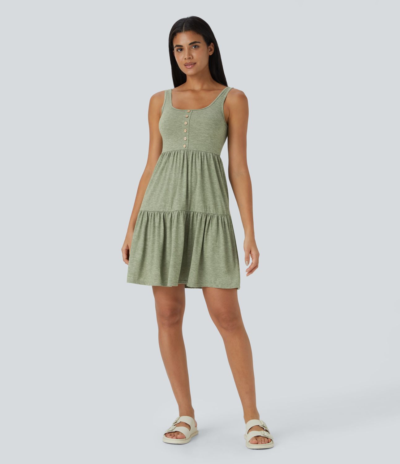 U-neckline backless button pleated ruffle hem flowy mini length resort dress