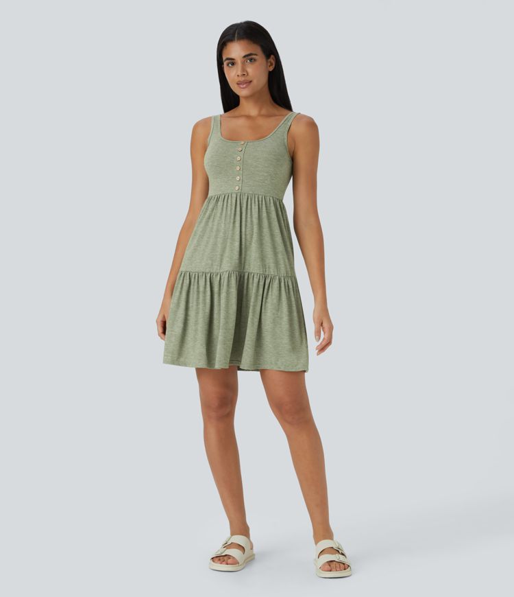 U Neck Backless Button Ruffle Hem Flowy Mini Resort Dress