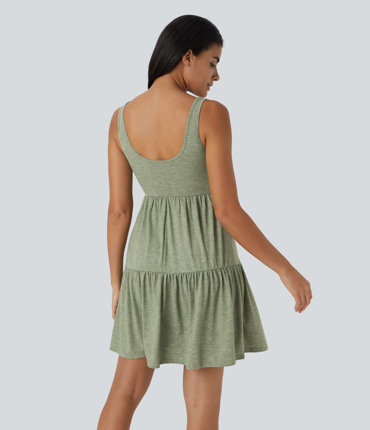 U-neckline backless button pleated ruffle hem flowy mini length resort dress