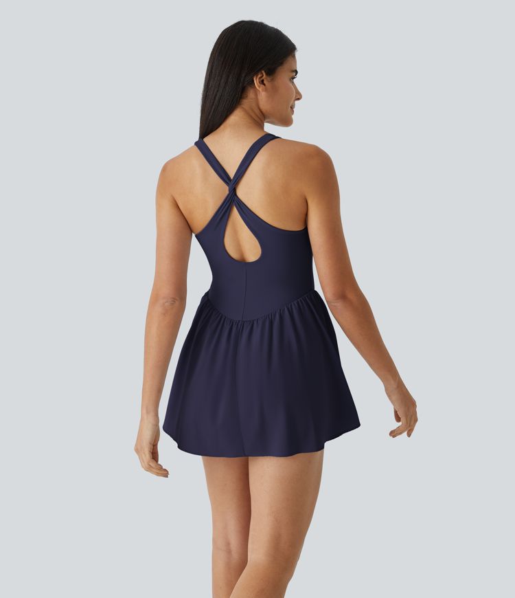 Breezeful™ Square Neck Backless Cut Out Crisscross Twisted Back 2-in-1 Side Pocket Corset Mini Quick Dry Flowy Casual Dress