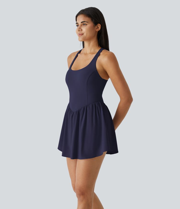 Breezeful™ Square Neck Backless Cut Out Crisscross Twisted Back 2-in-1 Side Pocket Corset Mini Quick Dry Flowy Casual Dress