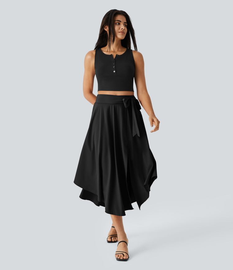 Breezeful™ Jupe Taille Haute Casual Midi Séchage Rapide Fluide Fentes Latérales Nouées 2 en 1 Breezeful™ Jupe Taille Haute Casual Midi Séchage Rapide Fluide Fentes Latérales Nouées 2 en 1