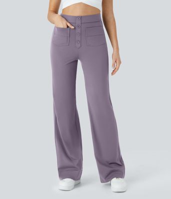 High-waisted button-down multiple-pocket straight-cut casual work pants