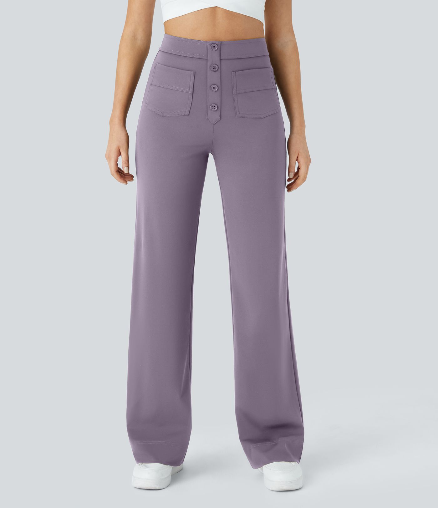 High-waisted button-down multiple-pocket straight-cut casual work pants