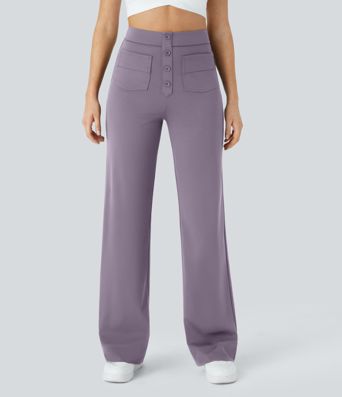 High-waisted button-down multiple-pocket straight-cut casual work pants
