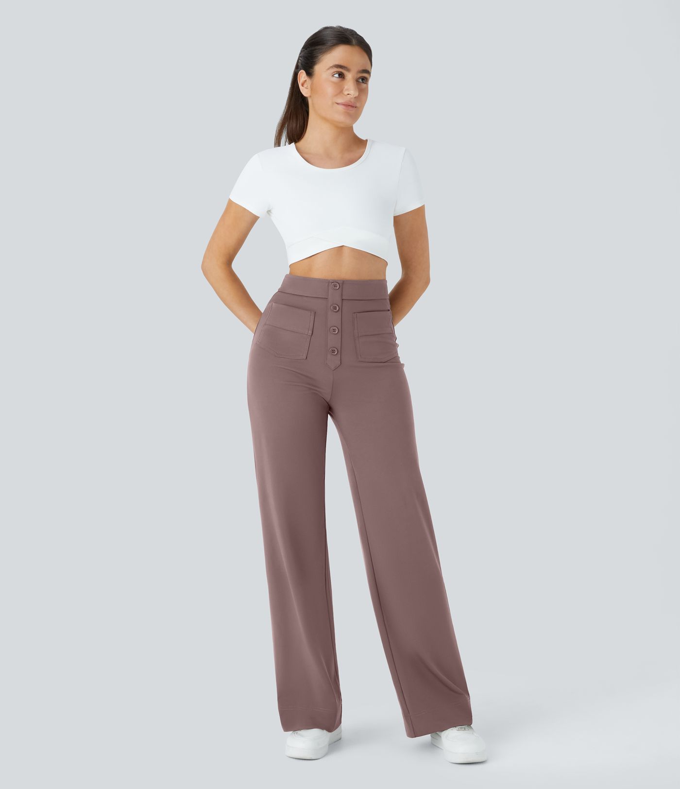 High Waisted with Pockets Straight Leg Stretchy Casual Pants