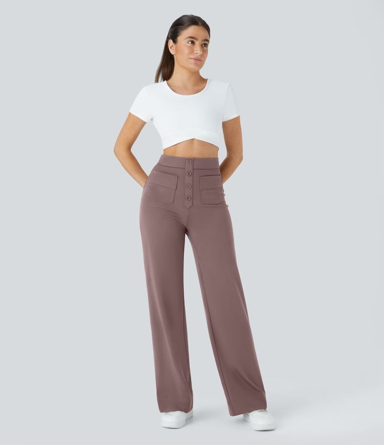 High Waisted with Pockets Straight Leg Stretchy Casual Pants