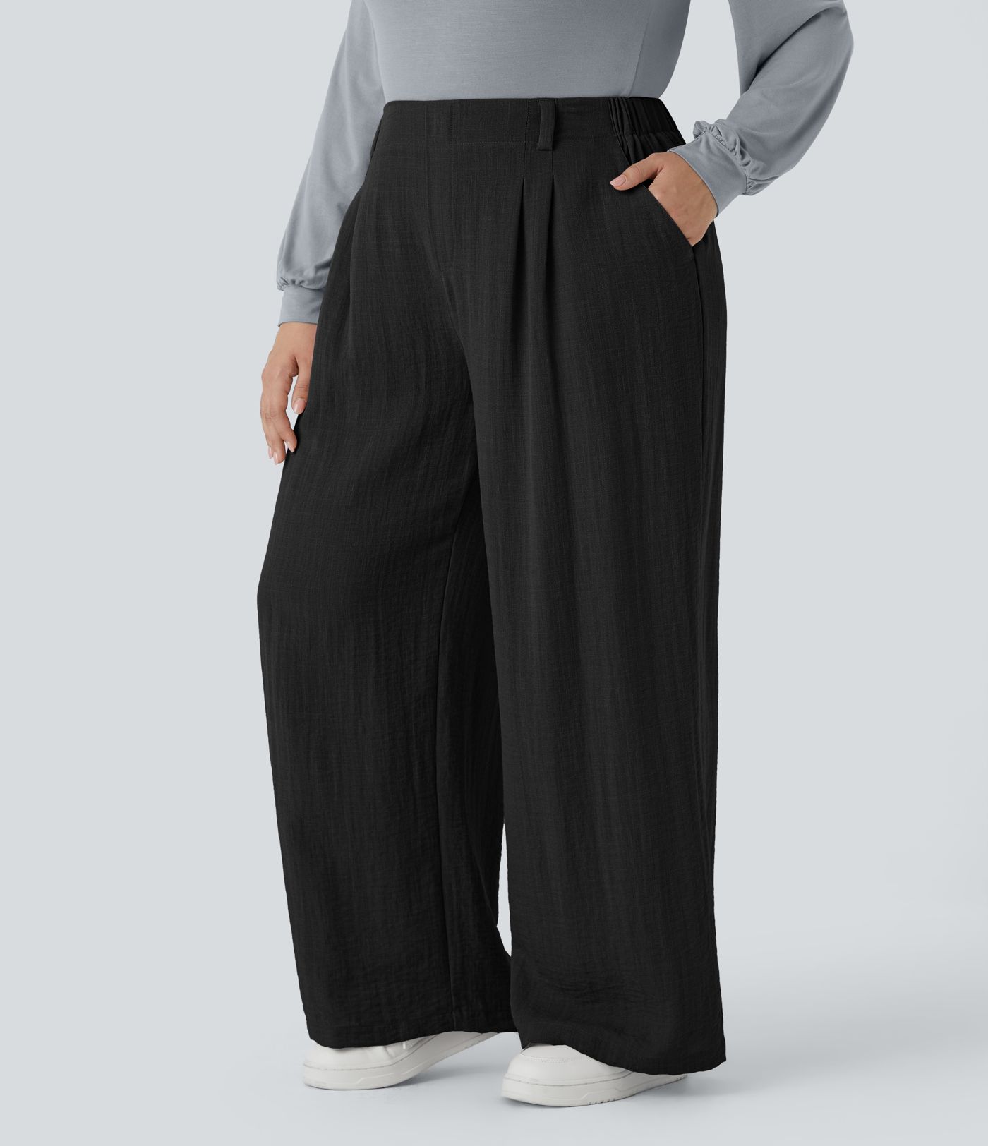 Háir mittismáir víðir rúmgóðir lausir hágæða línlíkir buxur í stærri stærðum