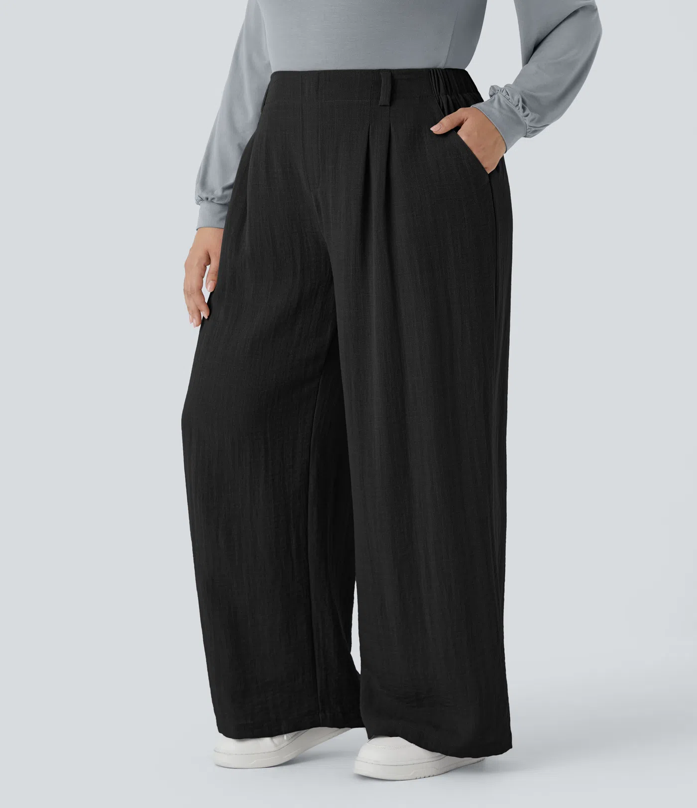 High Waisted Plicated Side Pocket Wide Leg Flowy Casual Linen-Feel Plus Size Pants