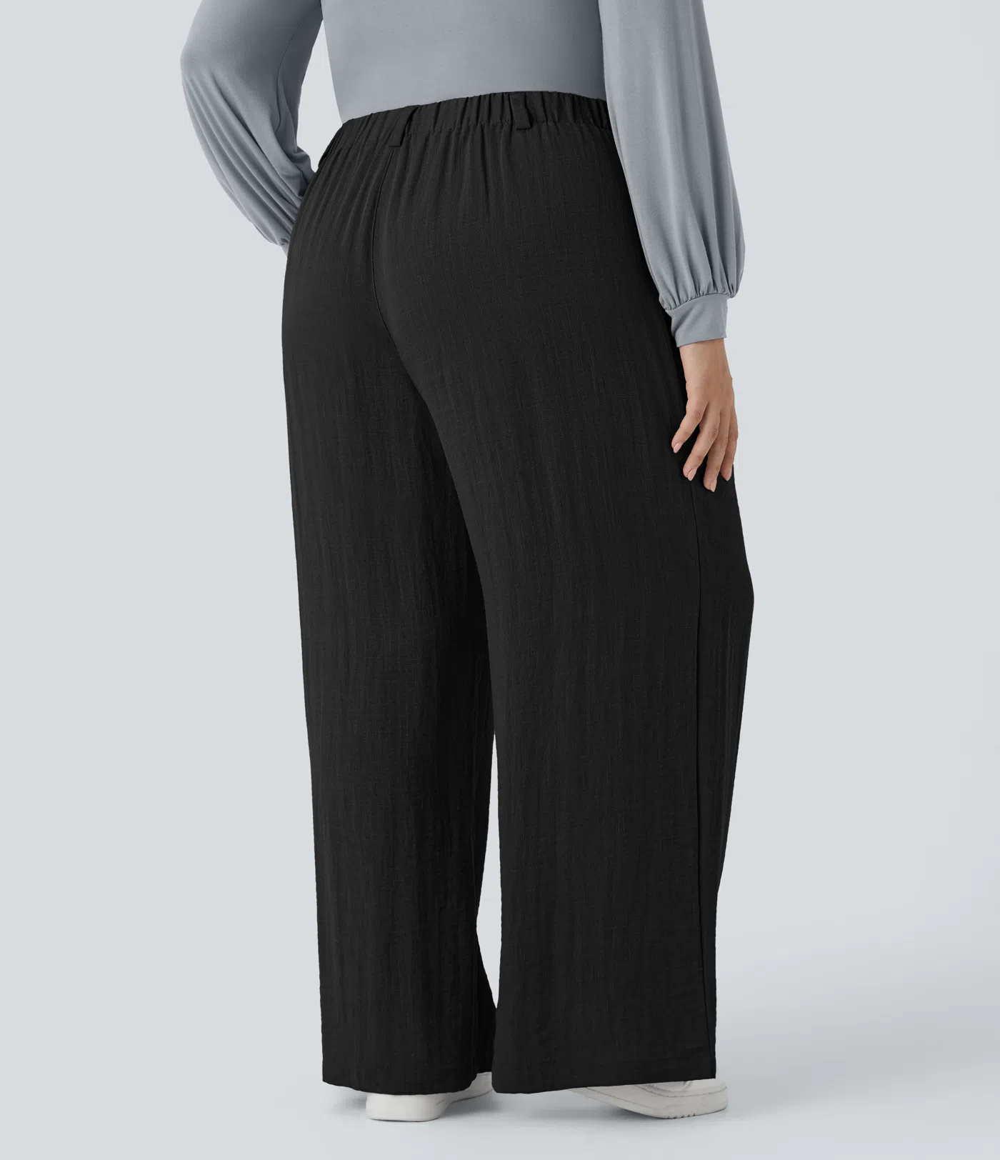 High Waisted Plicated Side Pocket Wide Leg Flowy Casual Linen-Feel Plus Size Pants