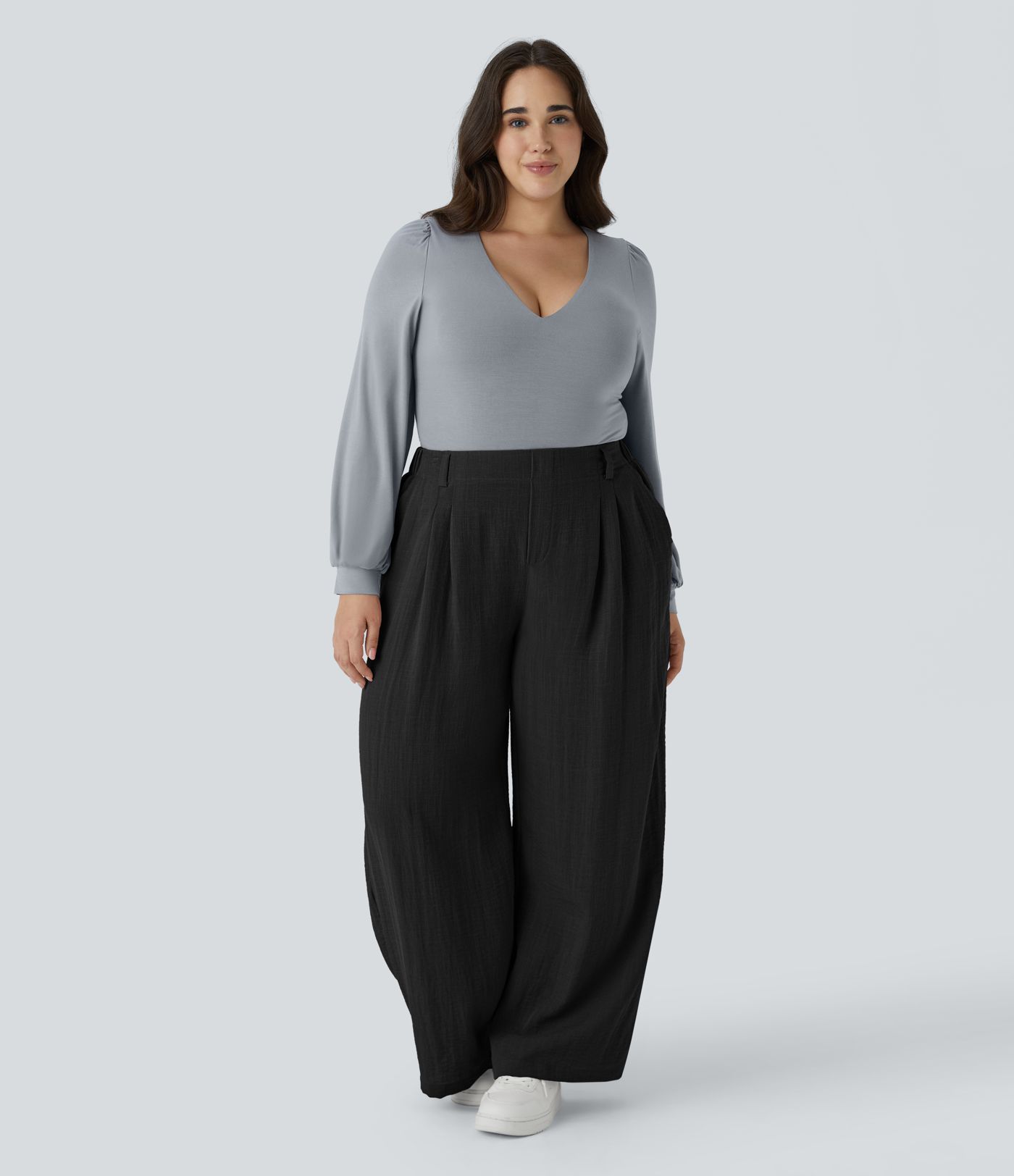 Háir mittismáir víðir rúmgóðir lausir hágæða línlíkir buxur í stærri stærðum