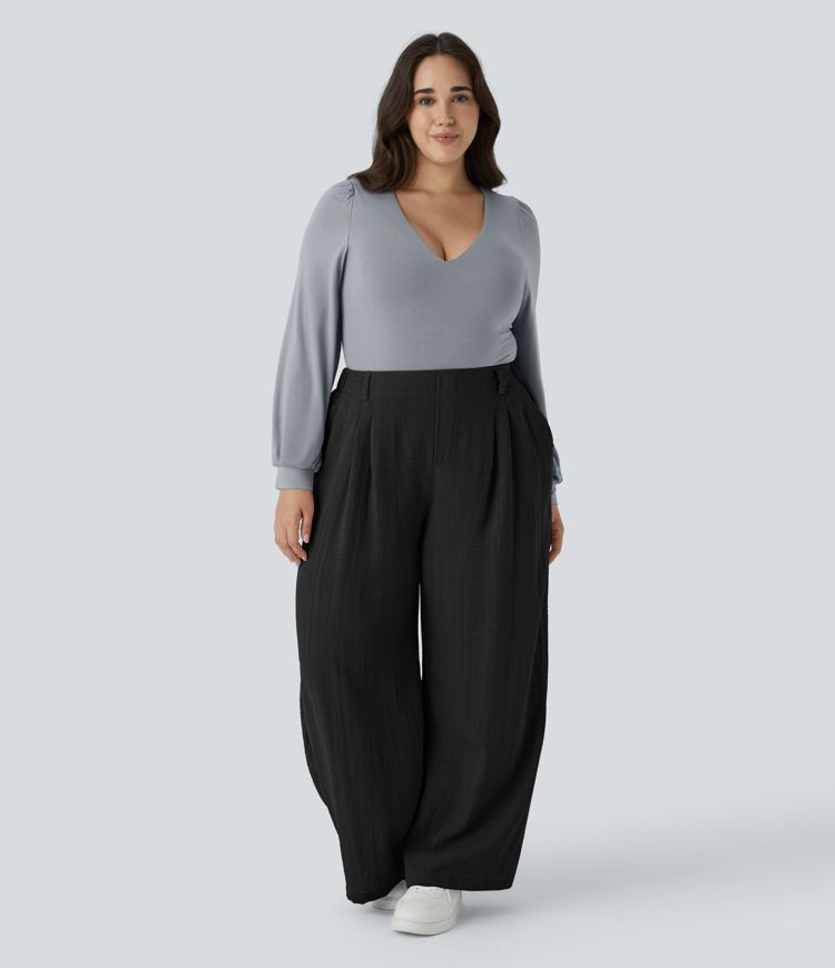 Pantalones anchos de cintura alta con bolsillos, estilo casual de lino, tallas grandes