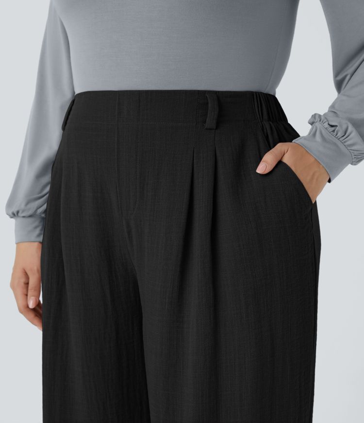 Pantalones anchos de cintura alta con bolsillos, estilo casual de lino, tallas grandes