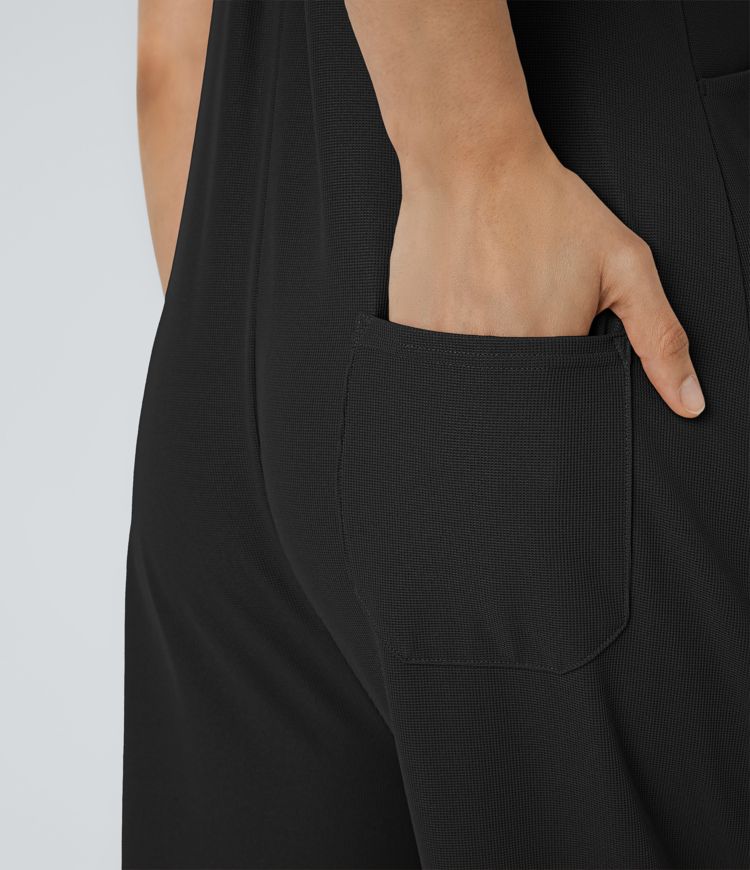 Adjustable Strap Button Multiple Pockets Waffle Casual Overalls