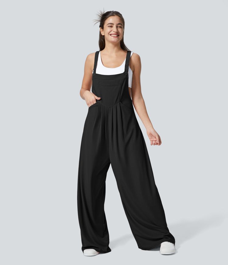 Adjustable Strap Button Multiple Pockets Waffle Casual Dungarees