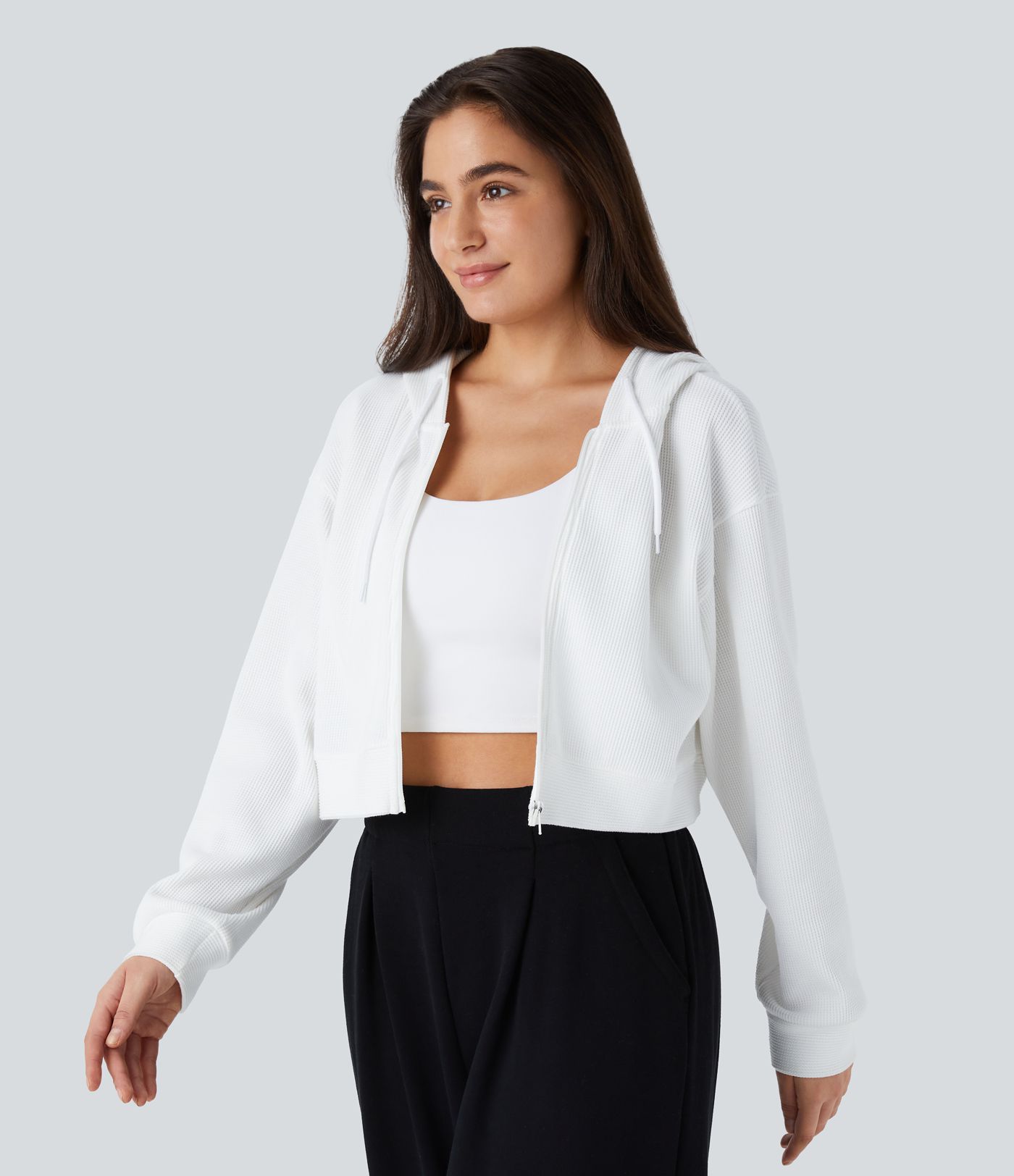 Waffle Hooded Drawstring Zipper Cropped Casual Cotton Sports Sweatshirt