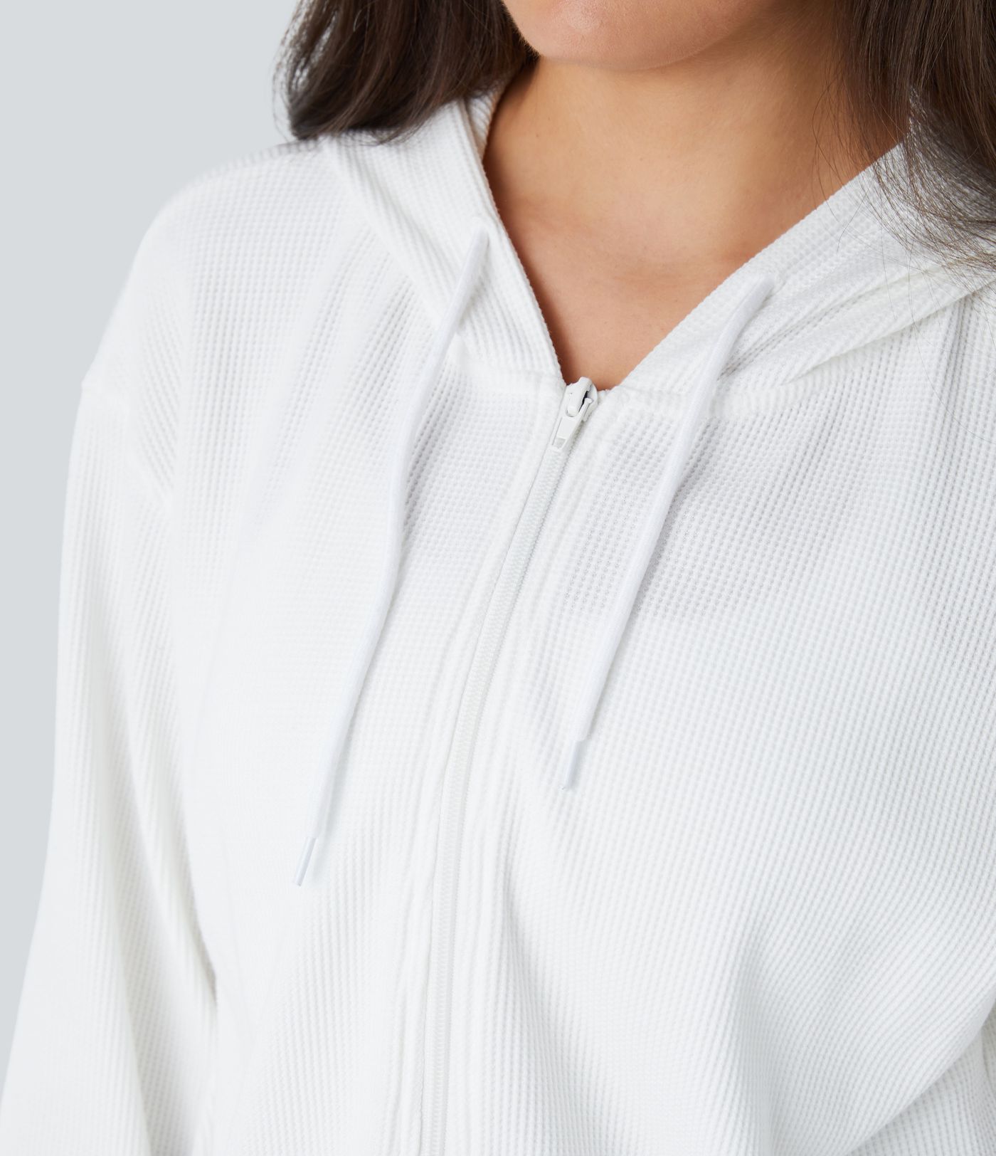 Waffle Hooded Drawstring Zipper Cropped Casual Cotton Sports Sweatshirt