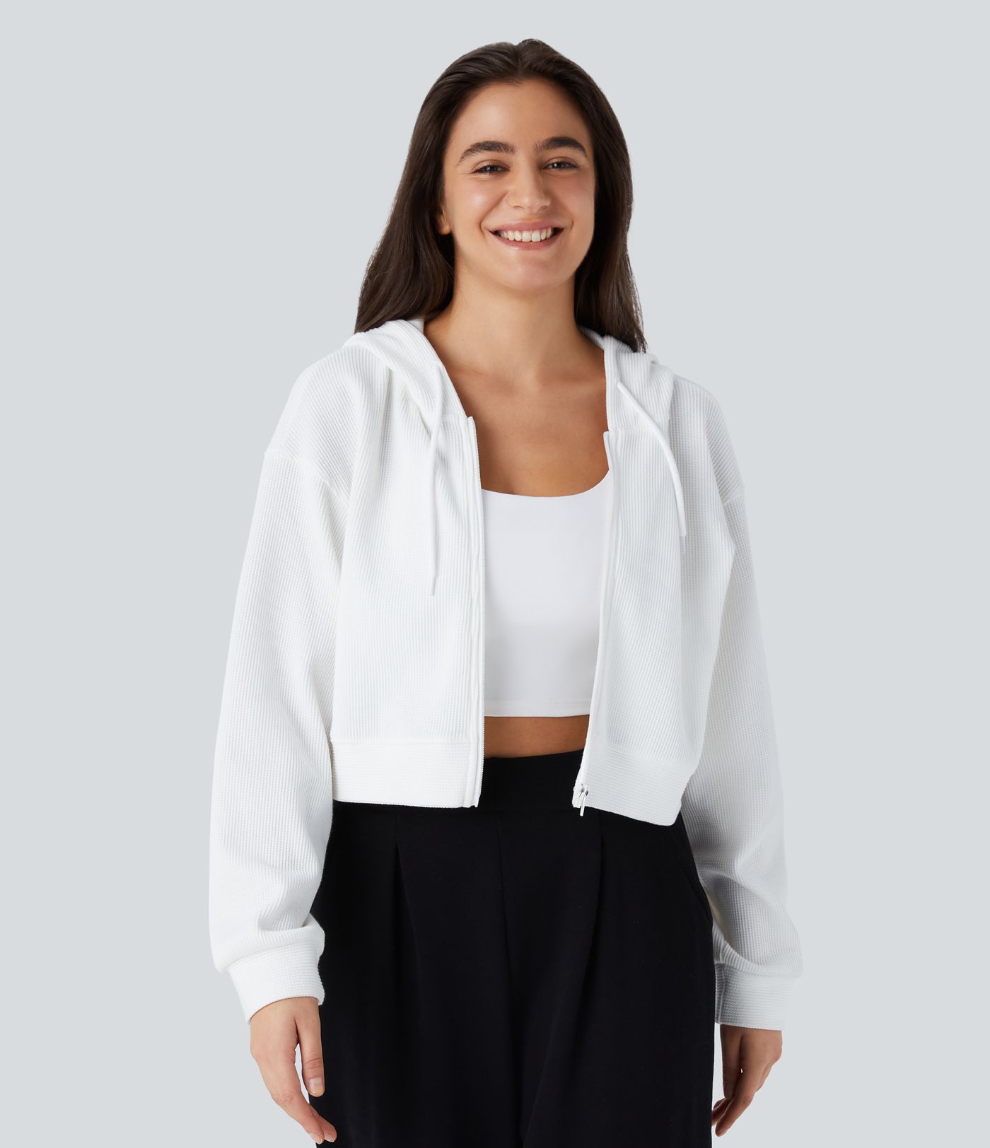 Waffle Hooded Drawstring Zipper Cropped Casual Cotton Sports Sweatshirt