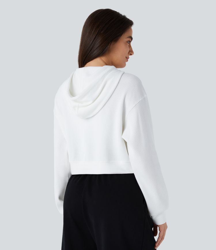 Waffle Hooded Drawstring Zipper Cropped Casual Cotton Sports Sweatshirt
