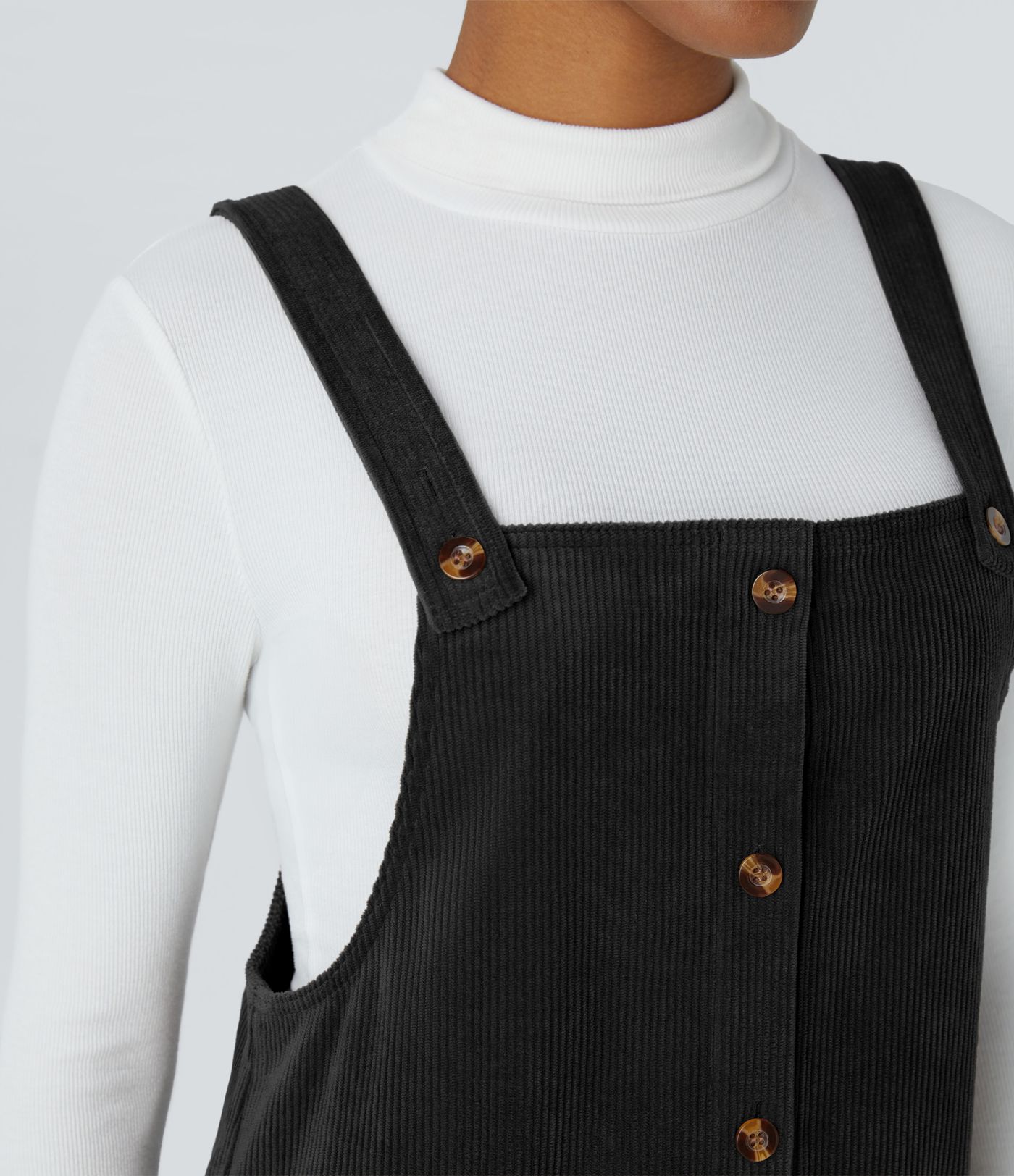 Adjustable Strap Button Side Pocket Corduroy Mini Casual Jumper Dress