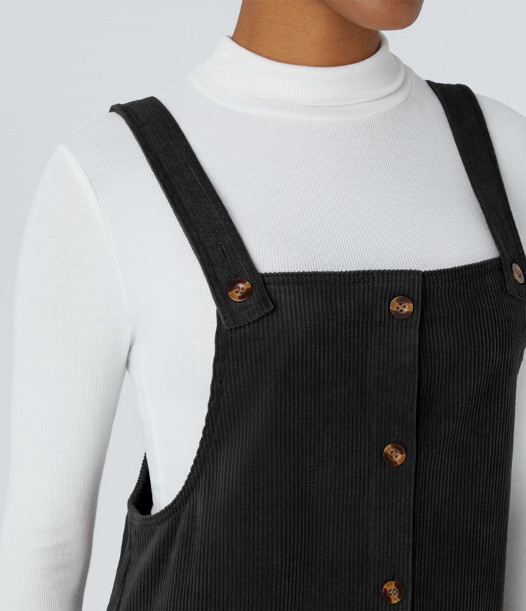 Adjustable Strap Button Side Pocket Corduroy Mini Casual Jumper Dress