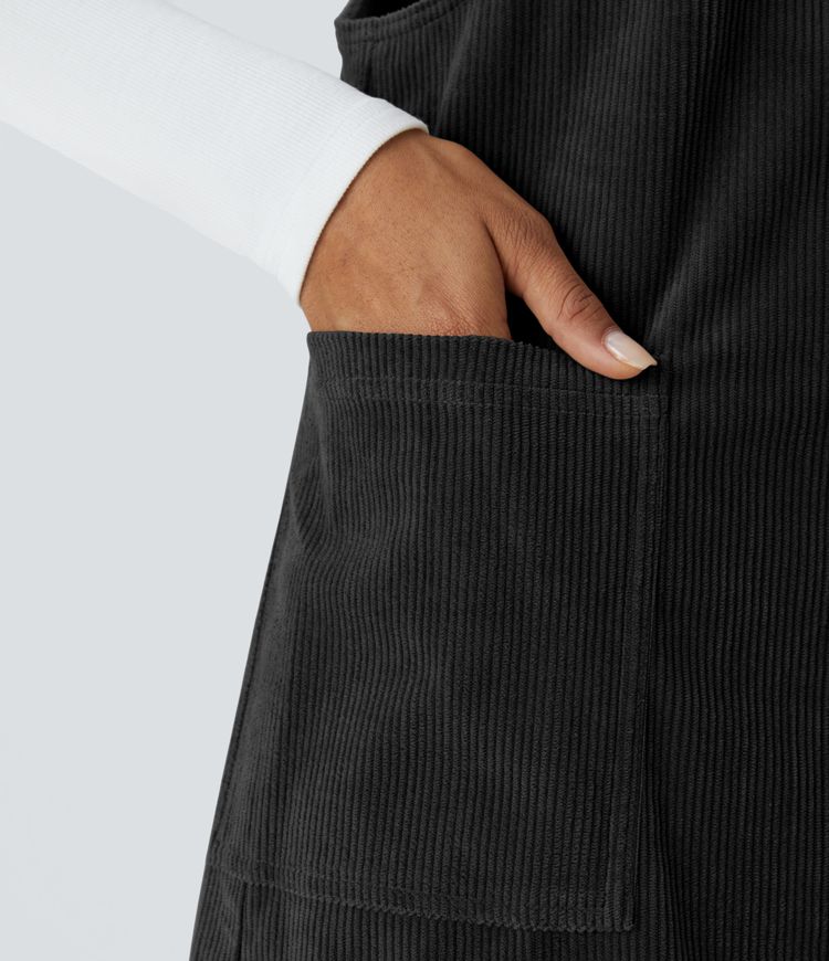 Adjustable Strap Button Side Pocket Corduroy Mini Casual Jumper Dress