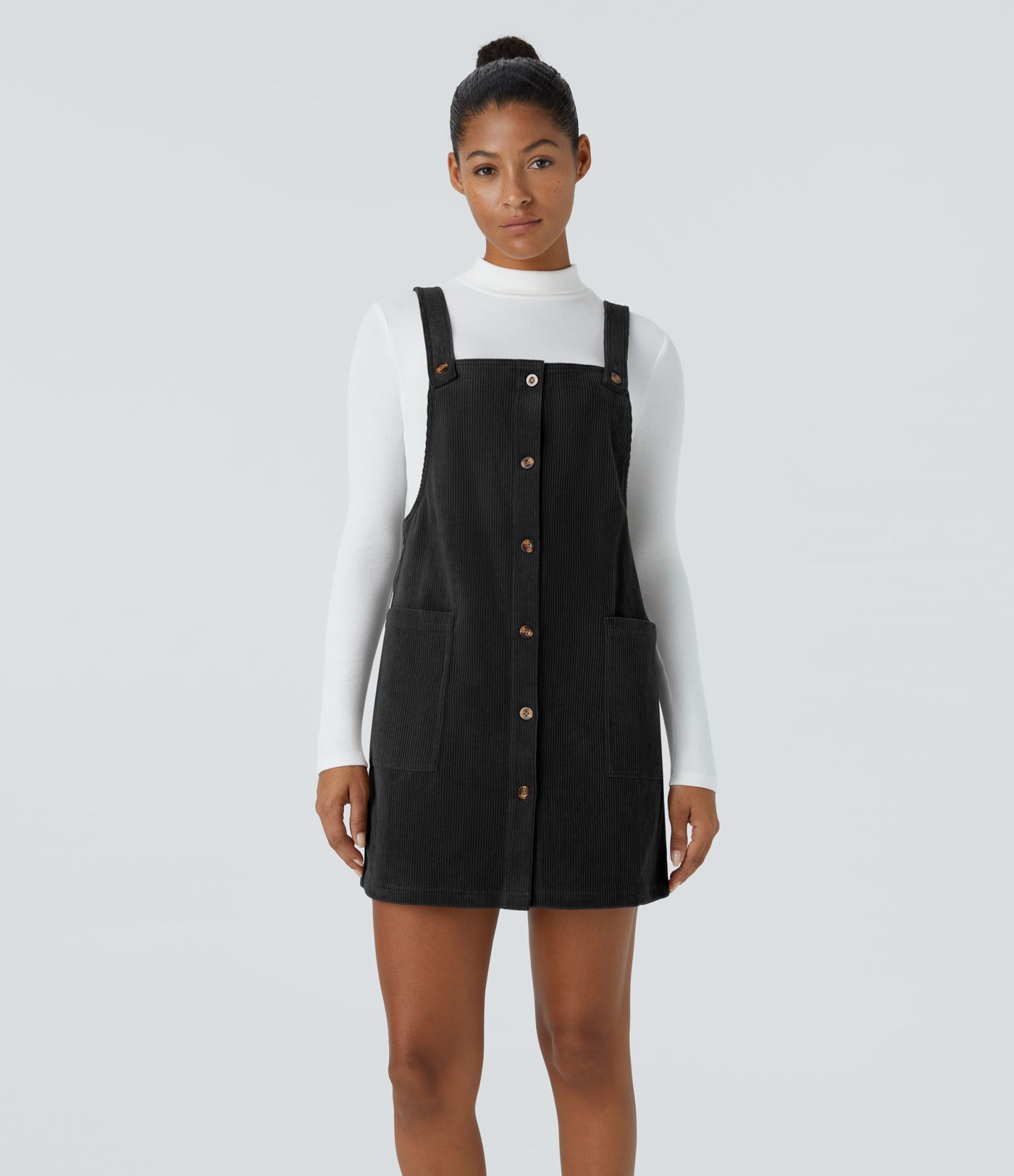 Adjustable Strap Button Side Pocket Corduroy Mini Casual Jumper Dress