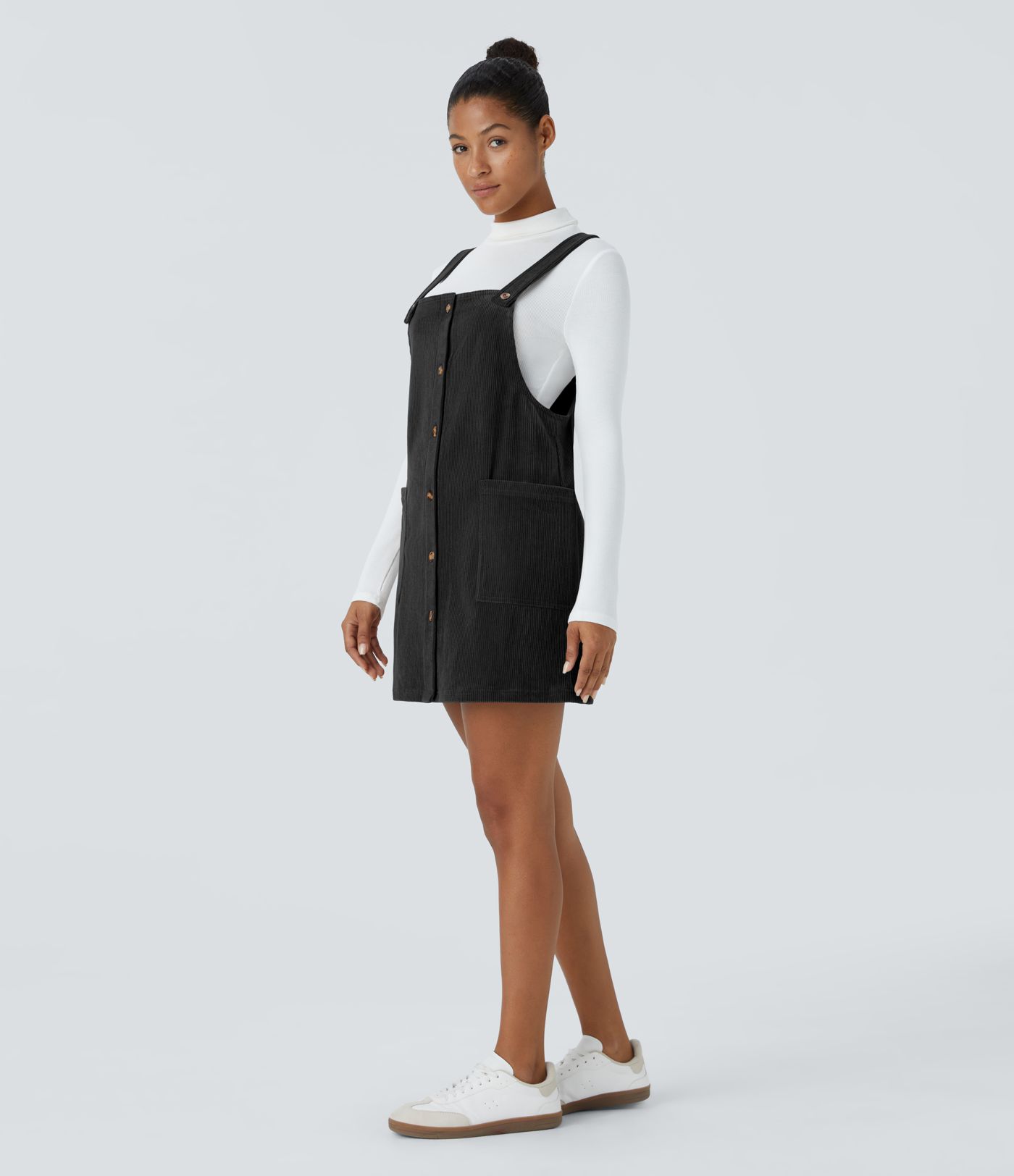 Adjustable Strap Button Side Pocket Corduroy Mini Casual Jumper Dress