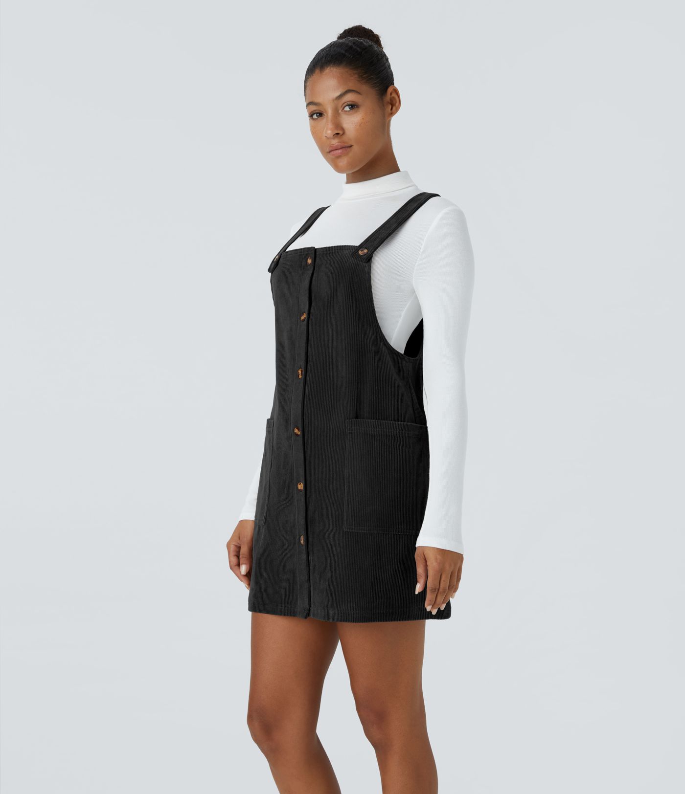 Adjustable Strap Button Side Pocket Corduroy Mini Casual Jumper Dress