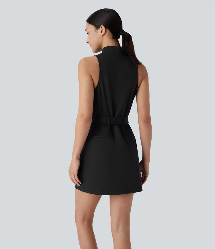 Stand Collar Sleeveless Zipper Belted Side Pocket 2-Piece Mini Golf Active Dress