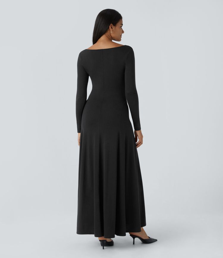 Cowl neck long sleeve relaxed fit flare maxi casual dress