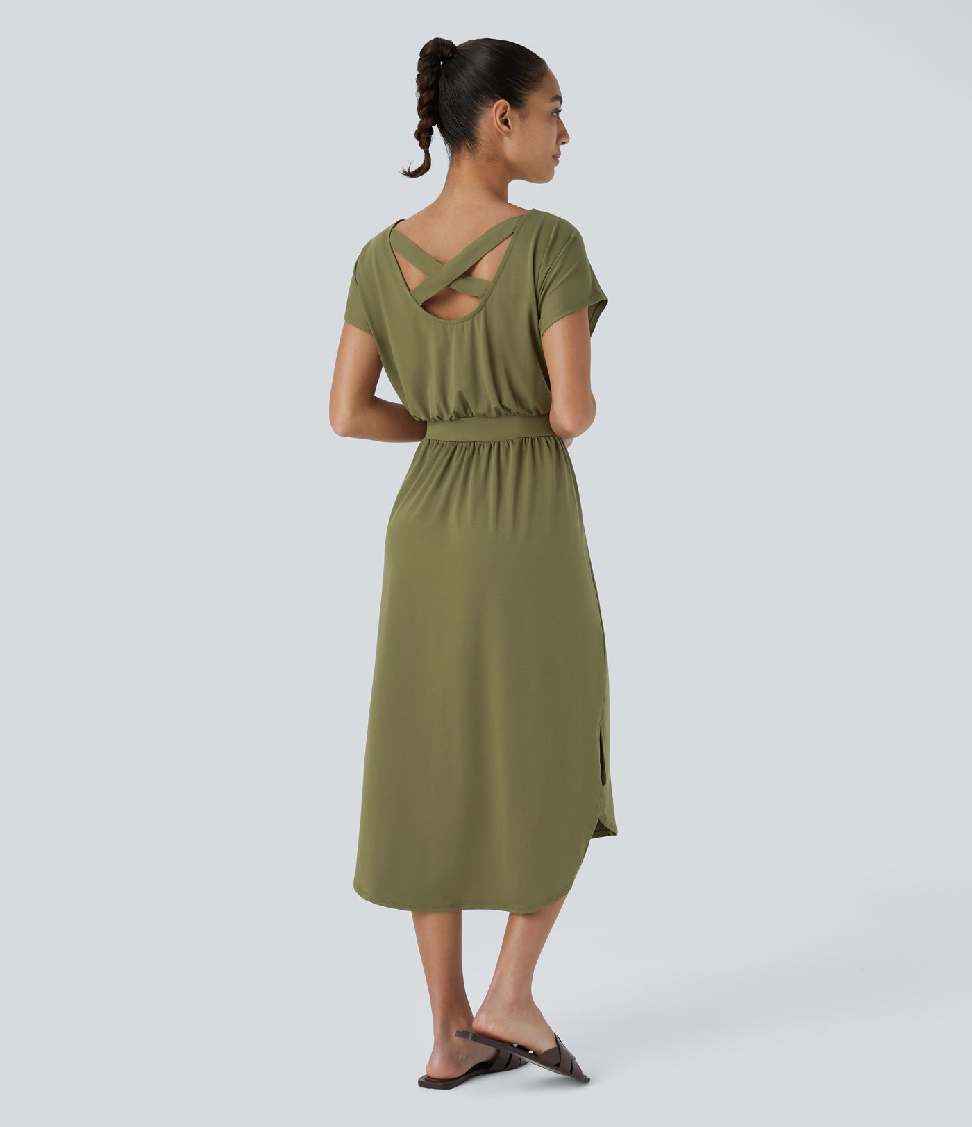 보트넥 반팔 백리스 교차 커브 밑단 미디 캐주얼 원피스