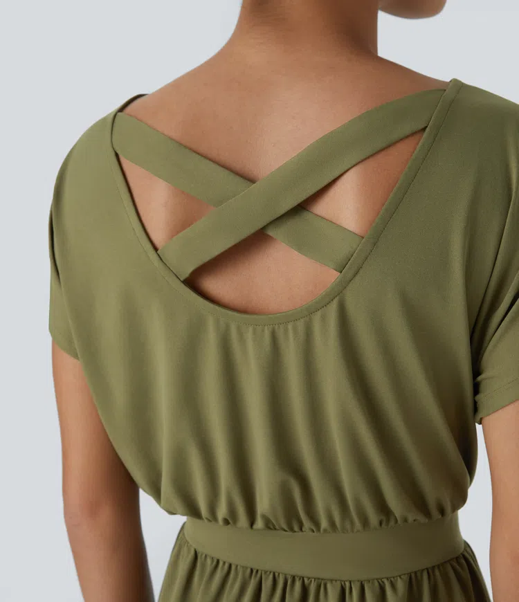 Boatneck short sleeve backless cross curve hem midi casual dress