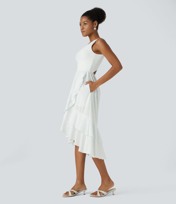 Breezeful™ V Neck Backless Cut Out Side Pocket Plicated Ruffle Flowy Quick Dry Midi Bridesmaid And Wedding Guest Dress