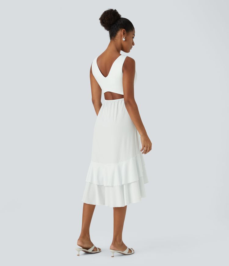Breezeful™ V Neck Backless Cut Out Side Pocket Plicated Ruffle Flowy Quick Dry Midi Bridesmaid And Wedding Guest Dress