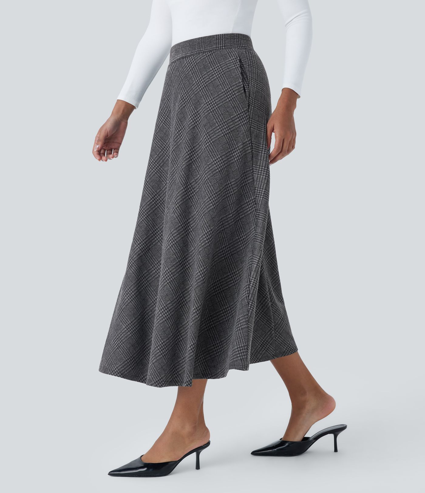 High Waisted Pocket Houndstooth Plaid Flare Midi Casual Skirt