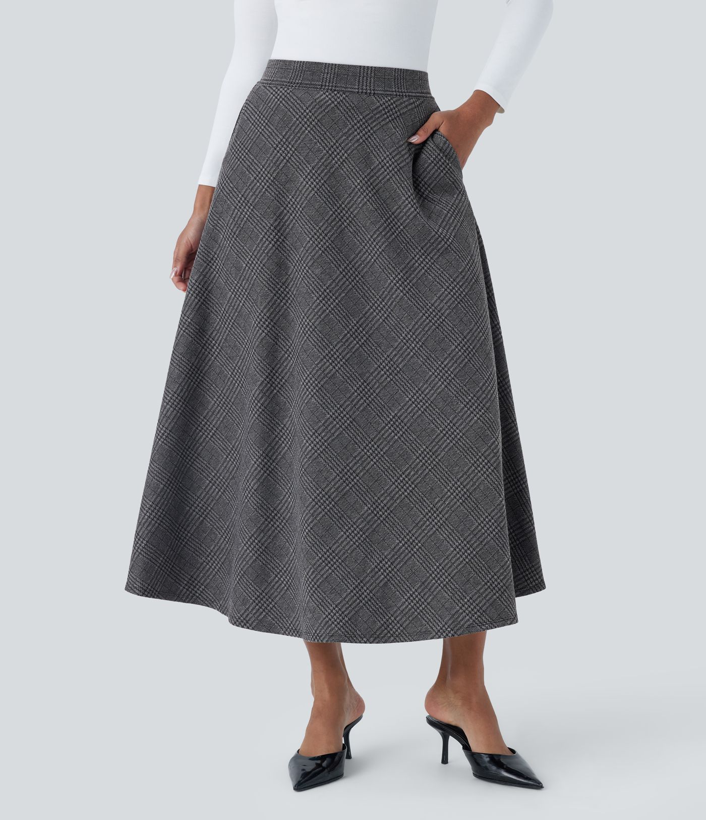 High Waisted Pocket Houndstooth Plaid Flare Midi Casual Skirt