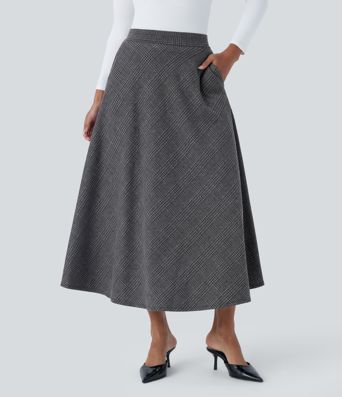 High Waisted Pocket Houndstooth Plaid Flare Midi Casual Skirt