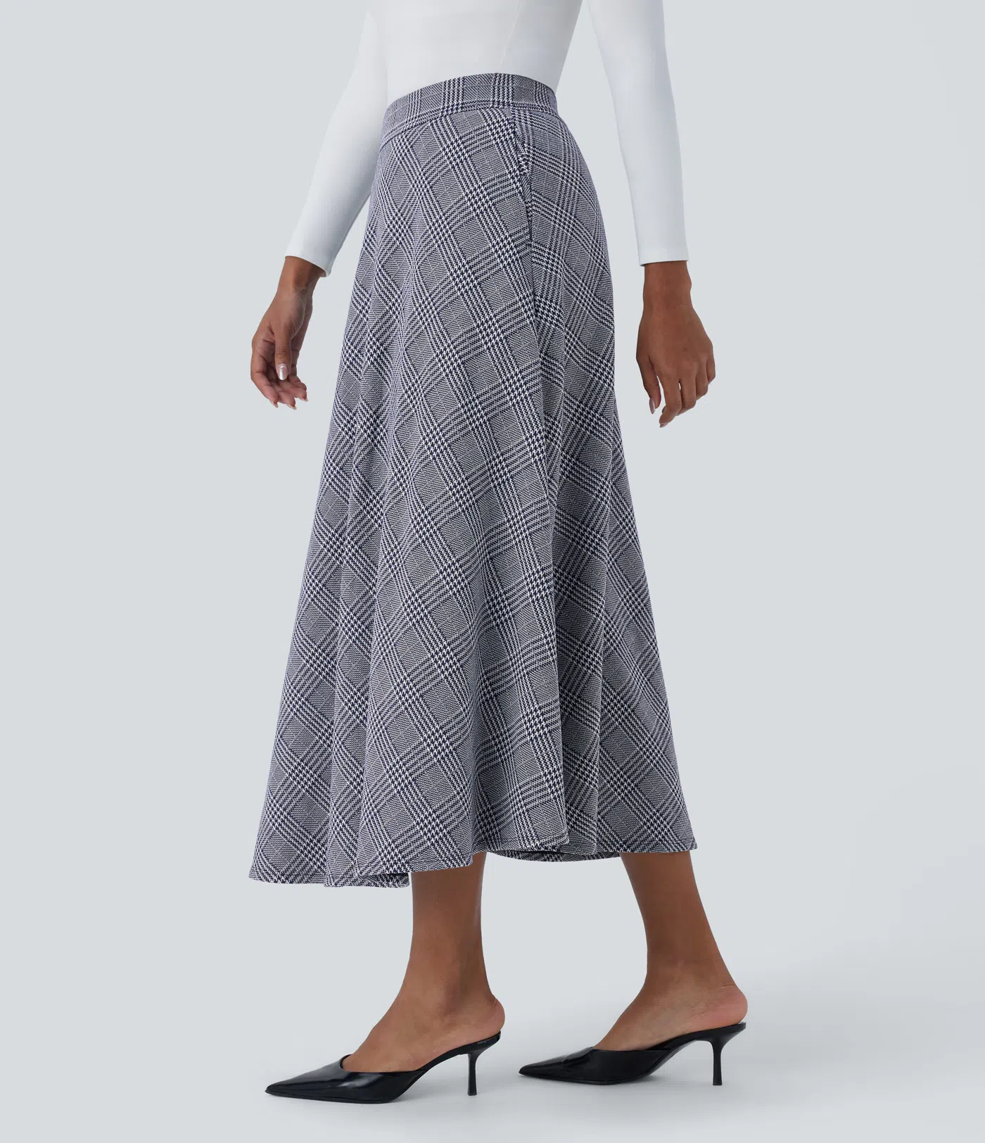 High Waisted Side Pocket Houndstooth Plaid Flare Midi Casual Skirt