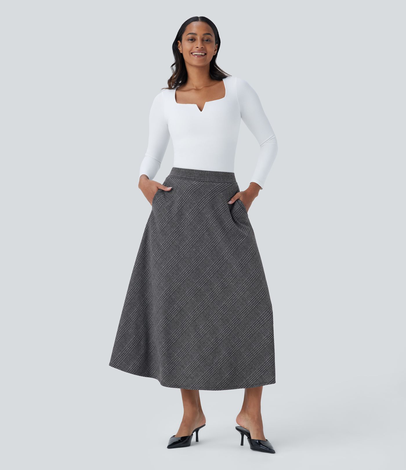 High Waisted Pocket Houndstooth Plaid Flare Midi Casual Skirt