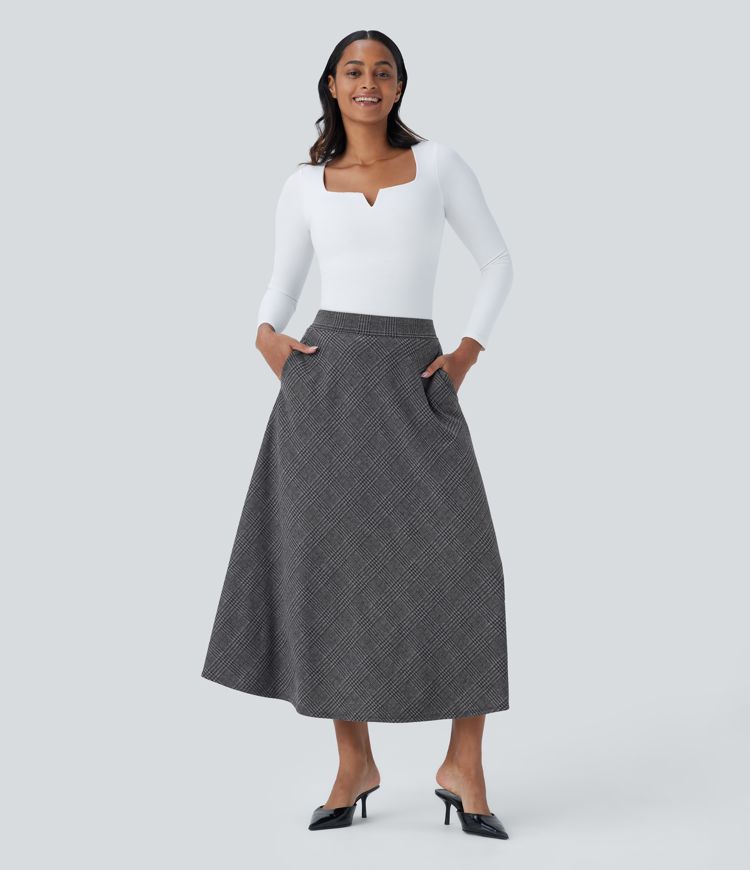 High Waisted Pocket Houndstooth Plaid Flare Midi Casual Skirt