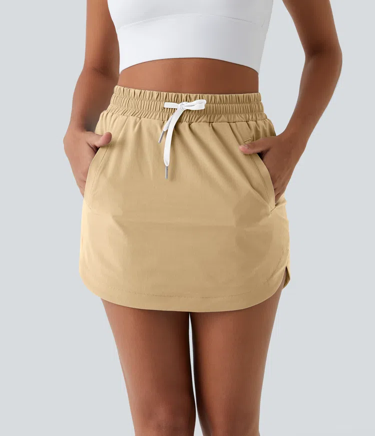 High Waisted Drawstring Pocket 2-in-1 Curved Hem Mini Golf Skirt