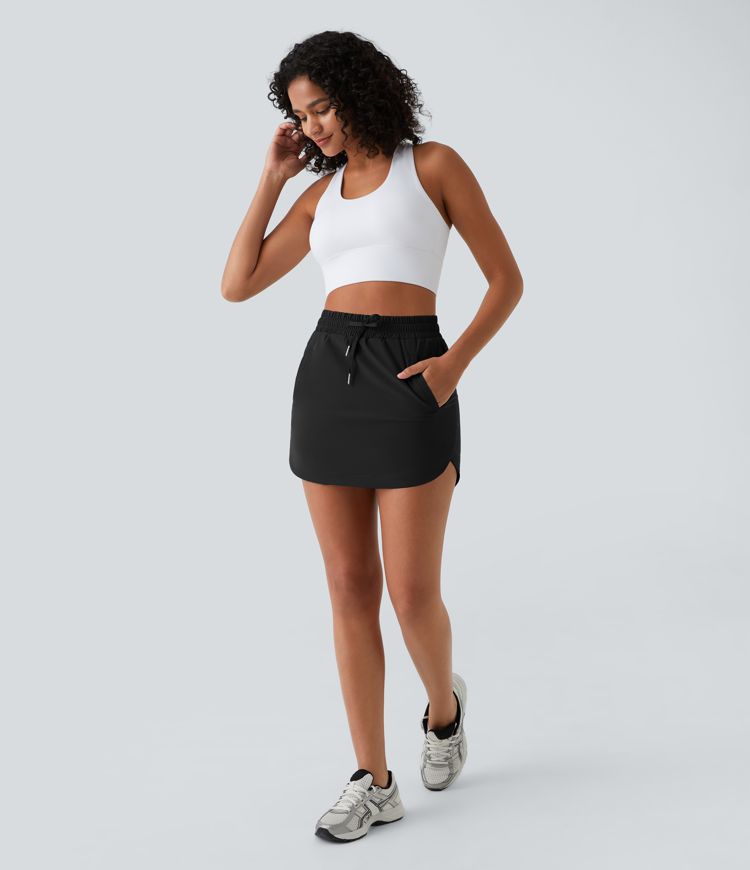High Waisted Drawstring Side Pocket 2-in-1 Curved Hem Mini Golf Skirt