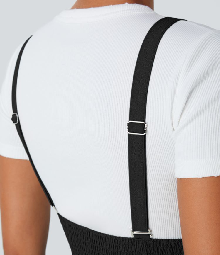 調節可能なストラップ、シャーリング入り、隠しジッパー、サイドポケット、カジュアルなリネン風ジャンプスーツ